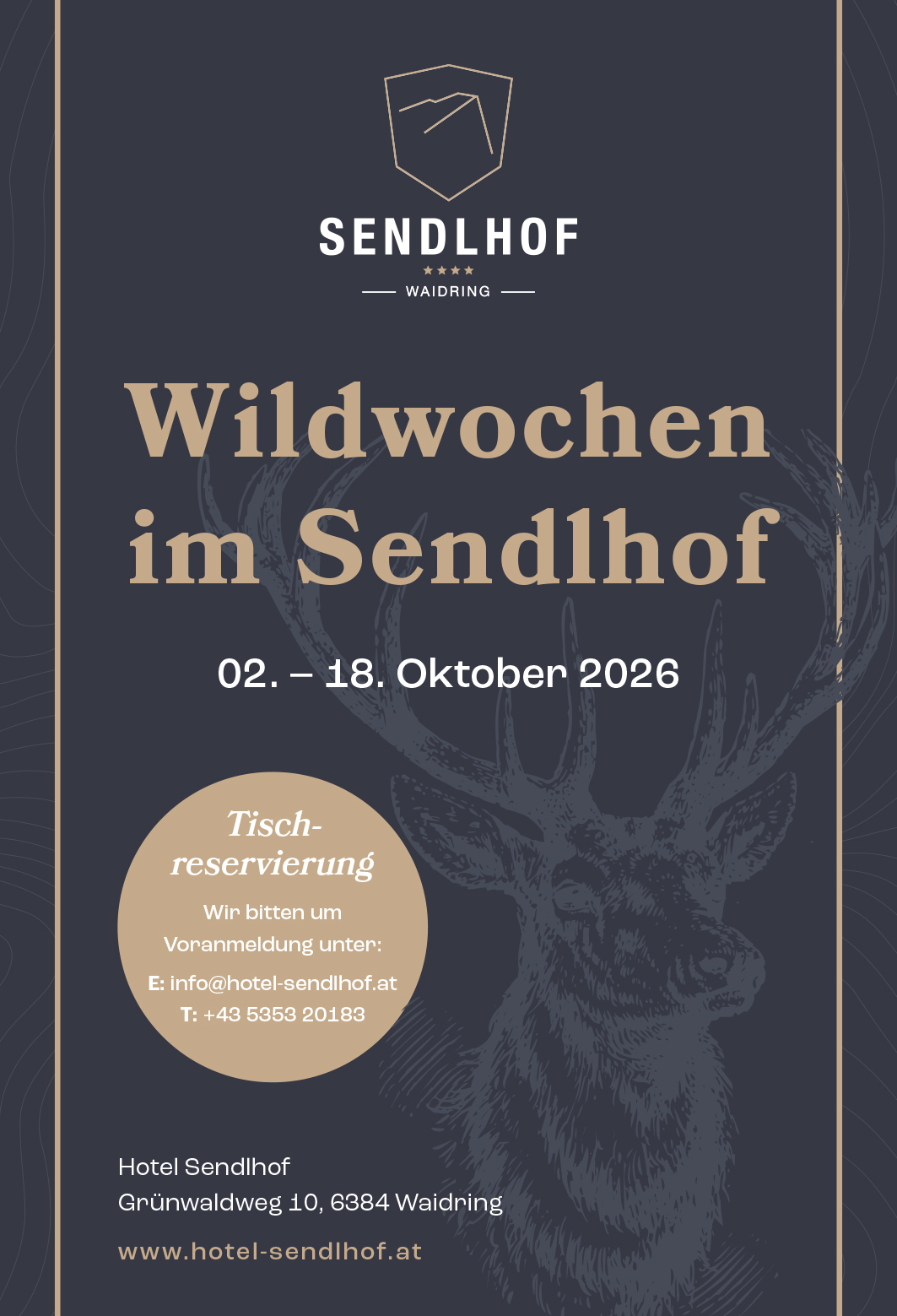 Plakat zu den Wildwochen im Sendlhof vom 2. bis 18. Oktober 2026 mit Hirschzeichnung